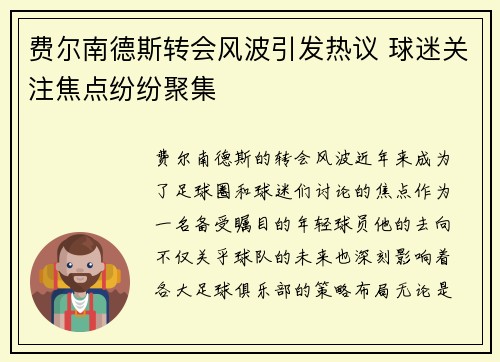 费尔南德斯转会风波引发热议 球迷关注焦点纷纷聚集 费尔南德斯转会风波引发热议 球迷关注焦点纷纷聚集