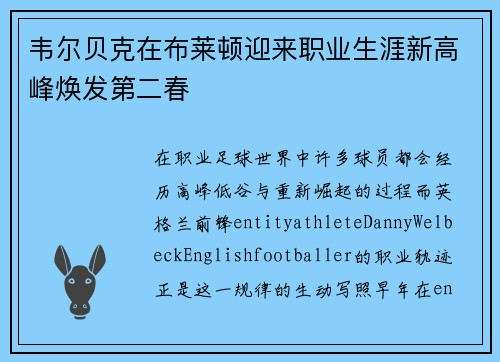 韦尔贝克在布莱顿迎来职业生涯新高峰焕发第二春 韦尔贝克在布莱顿迎来职业生涯新高峰焕发第二春