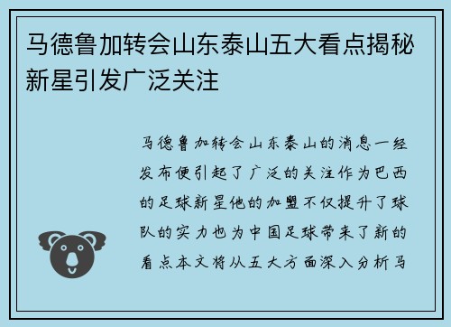 马德鲁加转会山东泰山五大看点揭秘新星引发广泛关注 马德鲁加转会山东泰山五大看点揭秘新星引发广泛关注