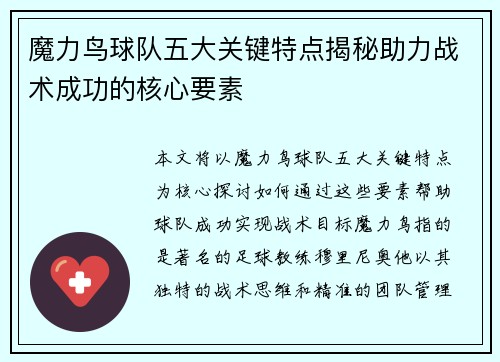 魔力鸟球队五大关键特点揭秘助力战术成功的核心要素 魔力鸟球队五大关键特点揭秘助力战术成功的核心要素